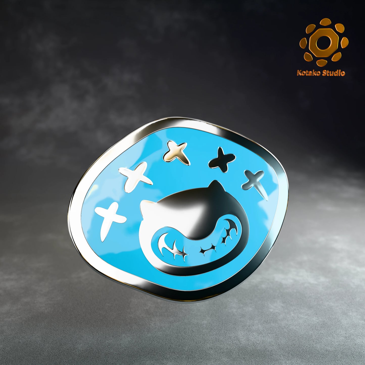 Front view of the Hololive Advent sterling silver pin with light blue vitreous enamel.