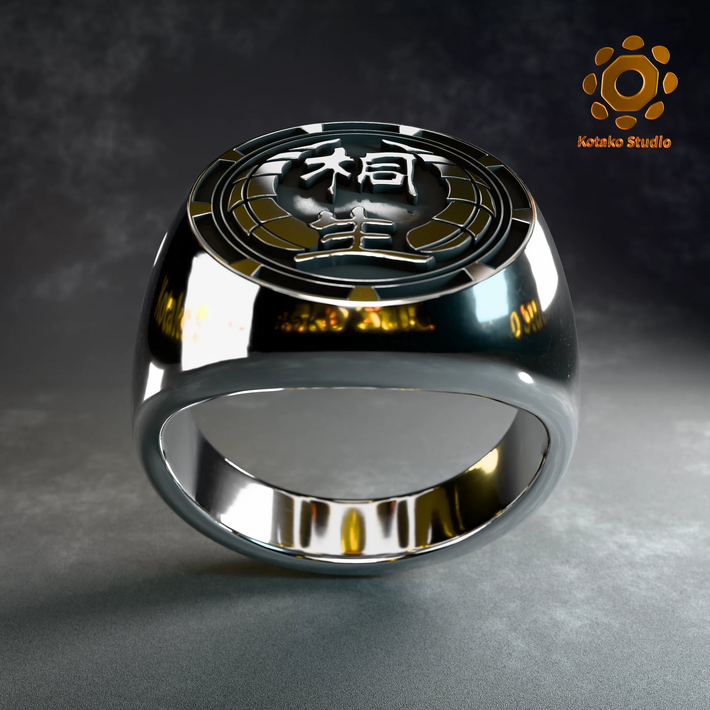 Polished sterling silver Kiryu Kai signet ring, inspired by Hololive's Kiryu Coco. Front view.