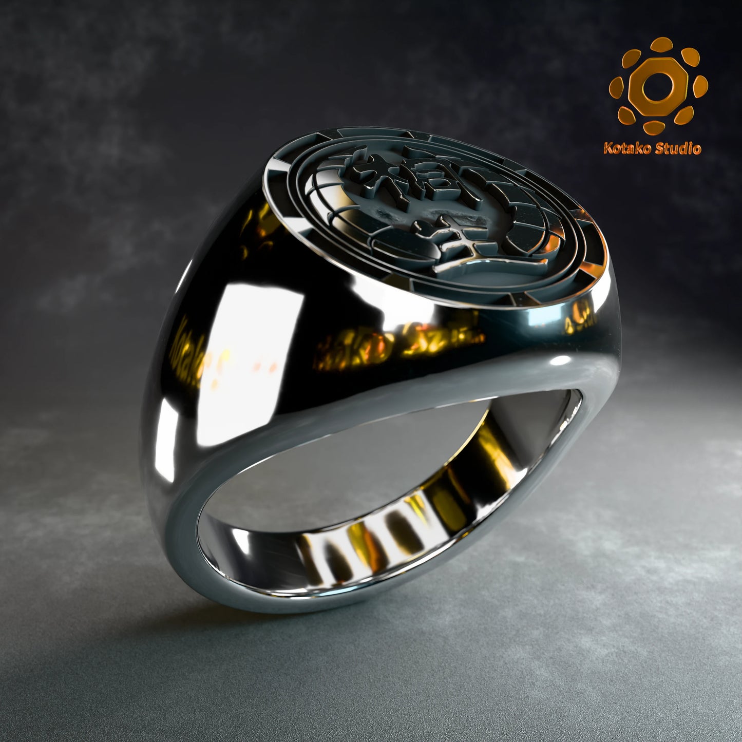 Polished sterling silver Kiryu Kai signet ring, inspired by Hololive's Kiryu Coco. Angled front view.