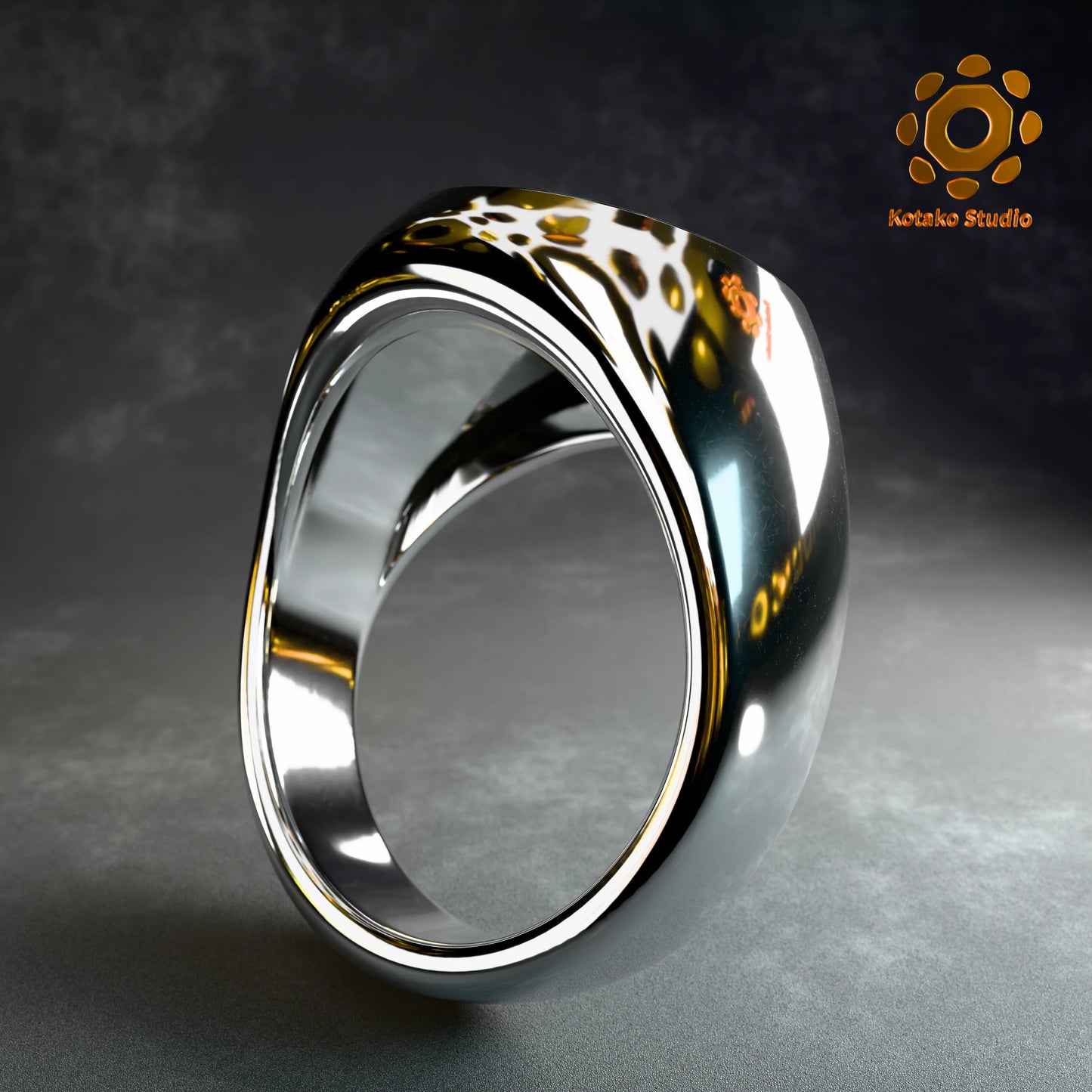 Polished sterling silver Kiryu Kai signet ring, inspired by Hololive's Kiryu Coco. Angled back view.