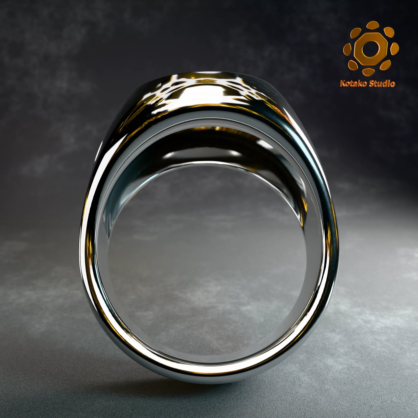 Polished sterling silver Kiryu Kai signet ring, inspired by Hololive's Kiryu Coco. Back view.