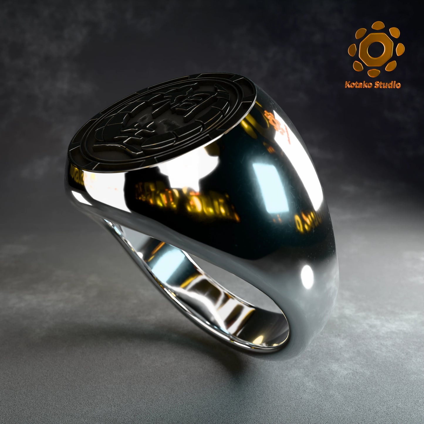 Polished sterling silver Kiryu Kai signet ring, inspired by Hololive's Kiryu Coco. Angled front view.