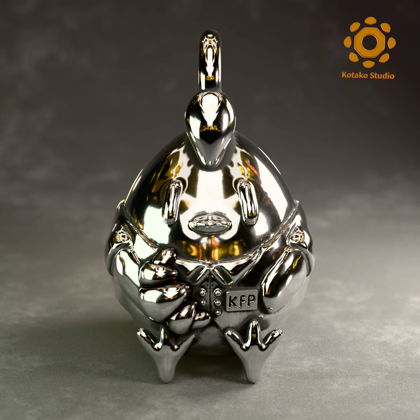 Polished sterling silver KFP Chicken pendant holding a quaso, inspired by Hololive's Takanashi Kiara. Front view.