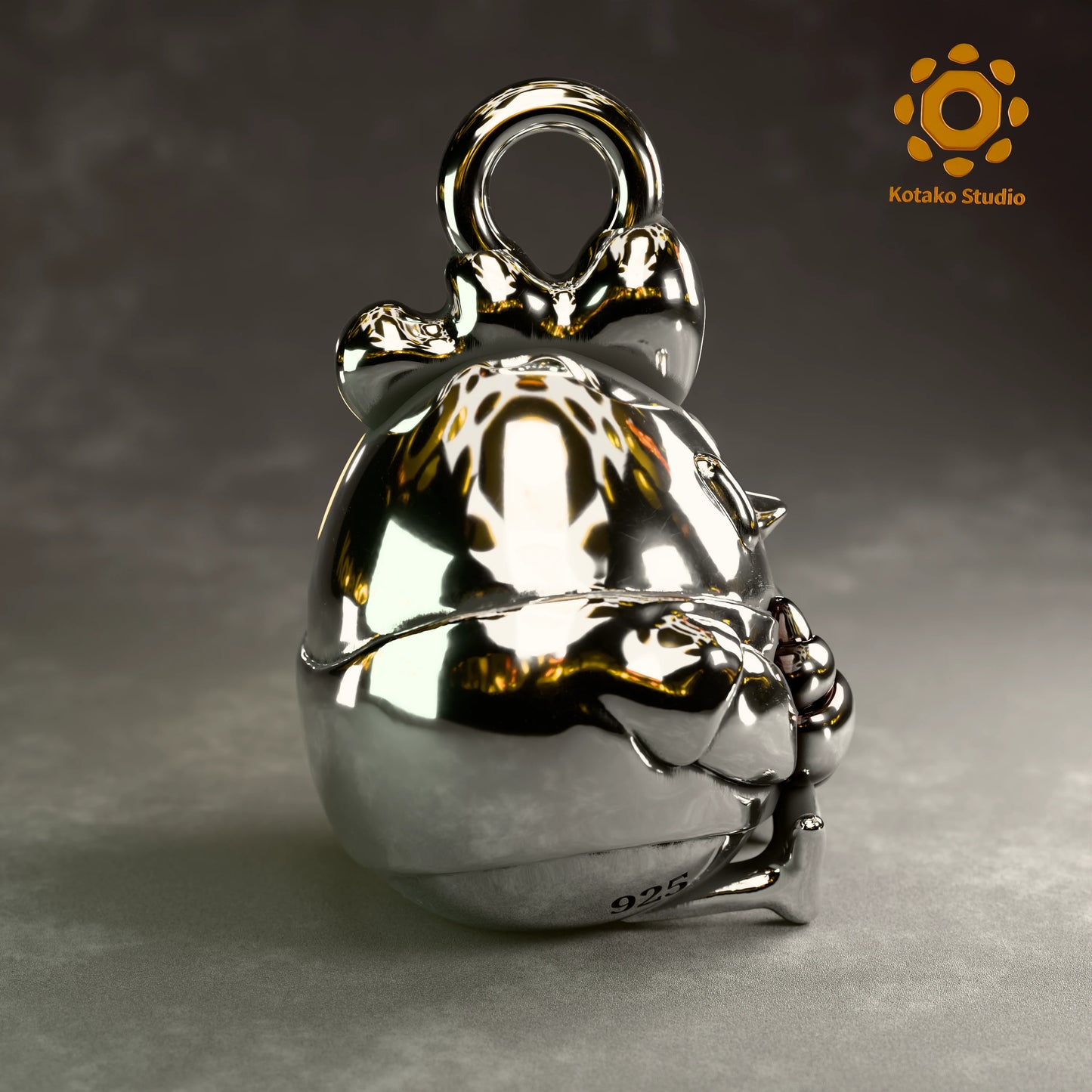 Polished sterling silver KFP Chicken pendant holding a quaso, inspired by Hololive's Takanashi Kiara. Side view.