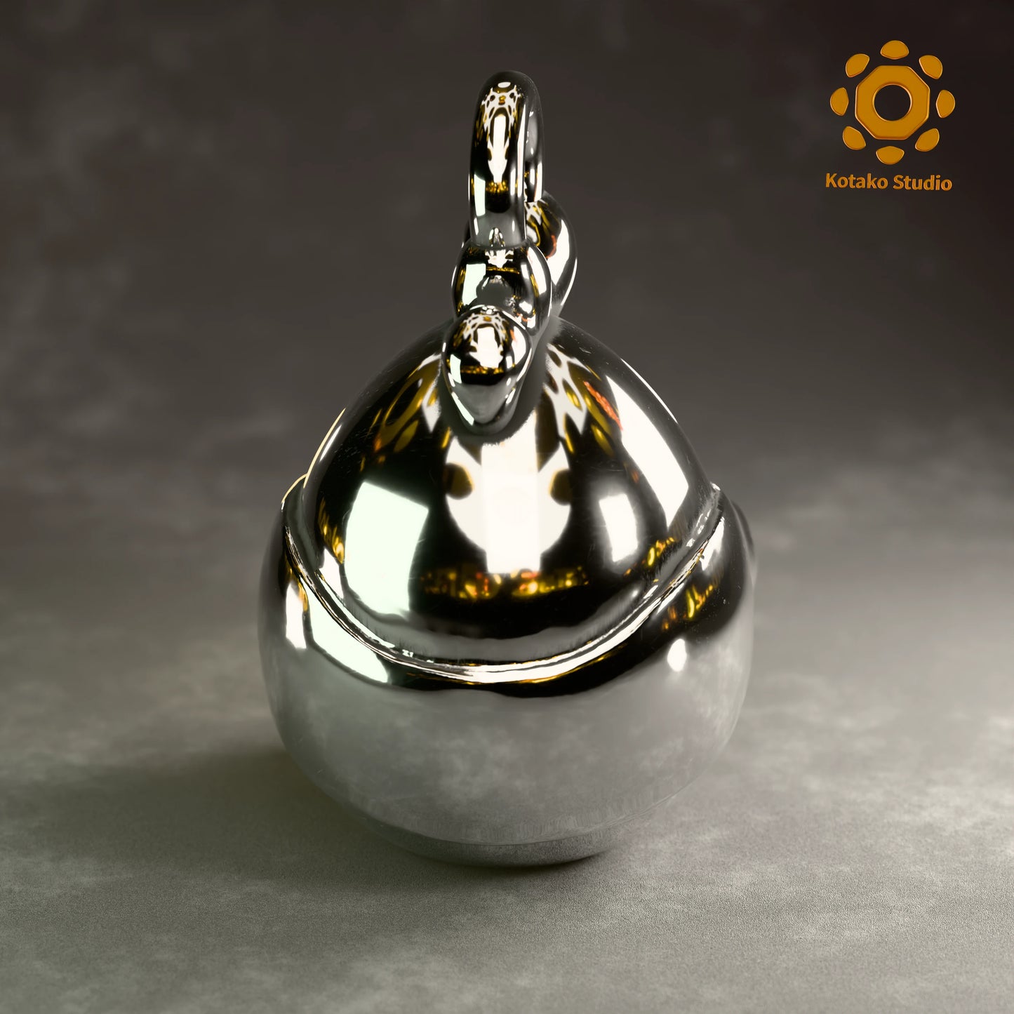Polished sterling silver KFP Chicken pendant holding a quaso, inspired by Hololive's Takanashi Kiara. Back view.