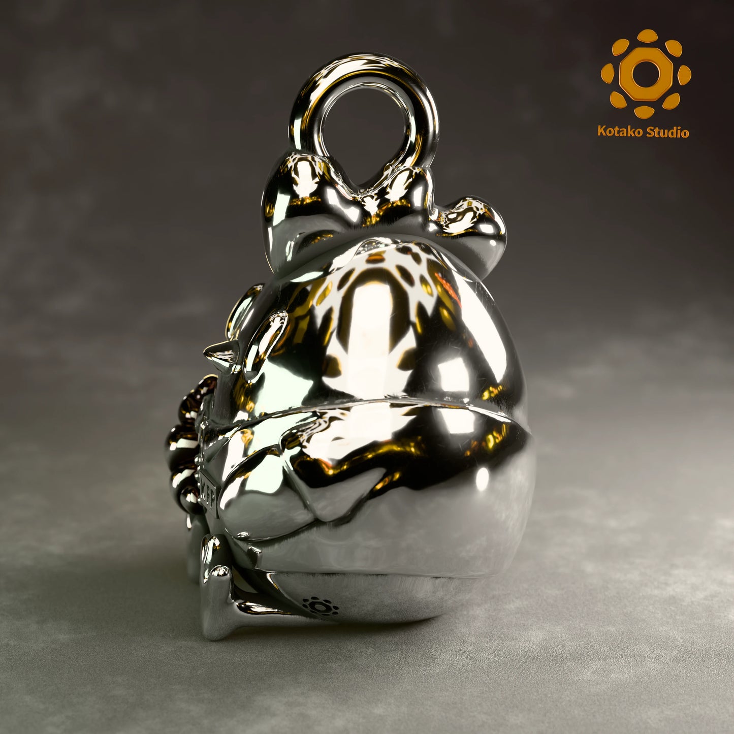 Polished sterling silver KFP Chicken pendant holding a quaso, inspired by Hololive's Takanashi Kiara. Side view.