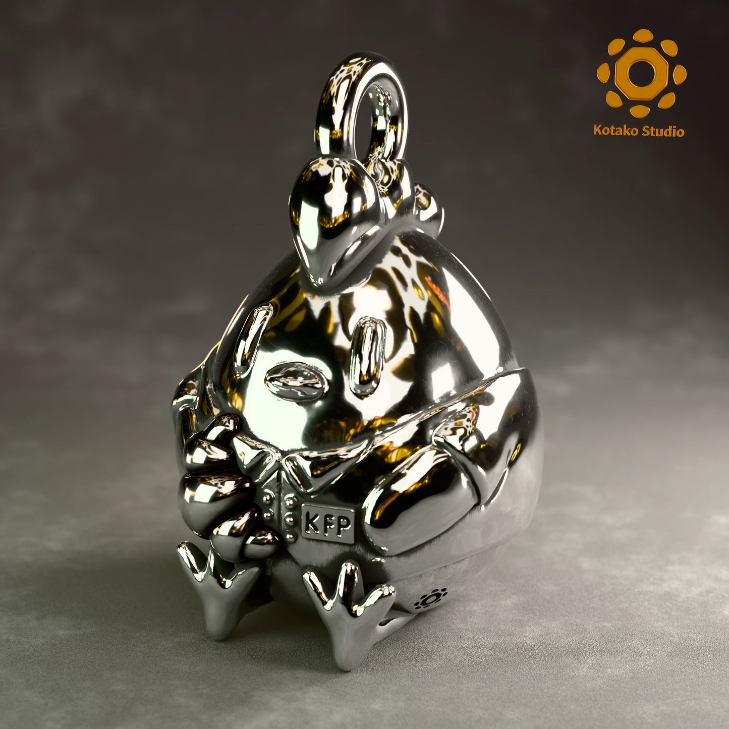 Polished sterling silver KFP Chicken pendant holding a quaso, inspired by Hololive's Takanashi Kiara. Angled front view.