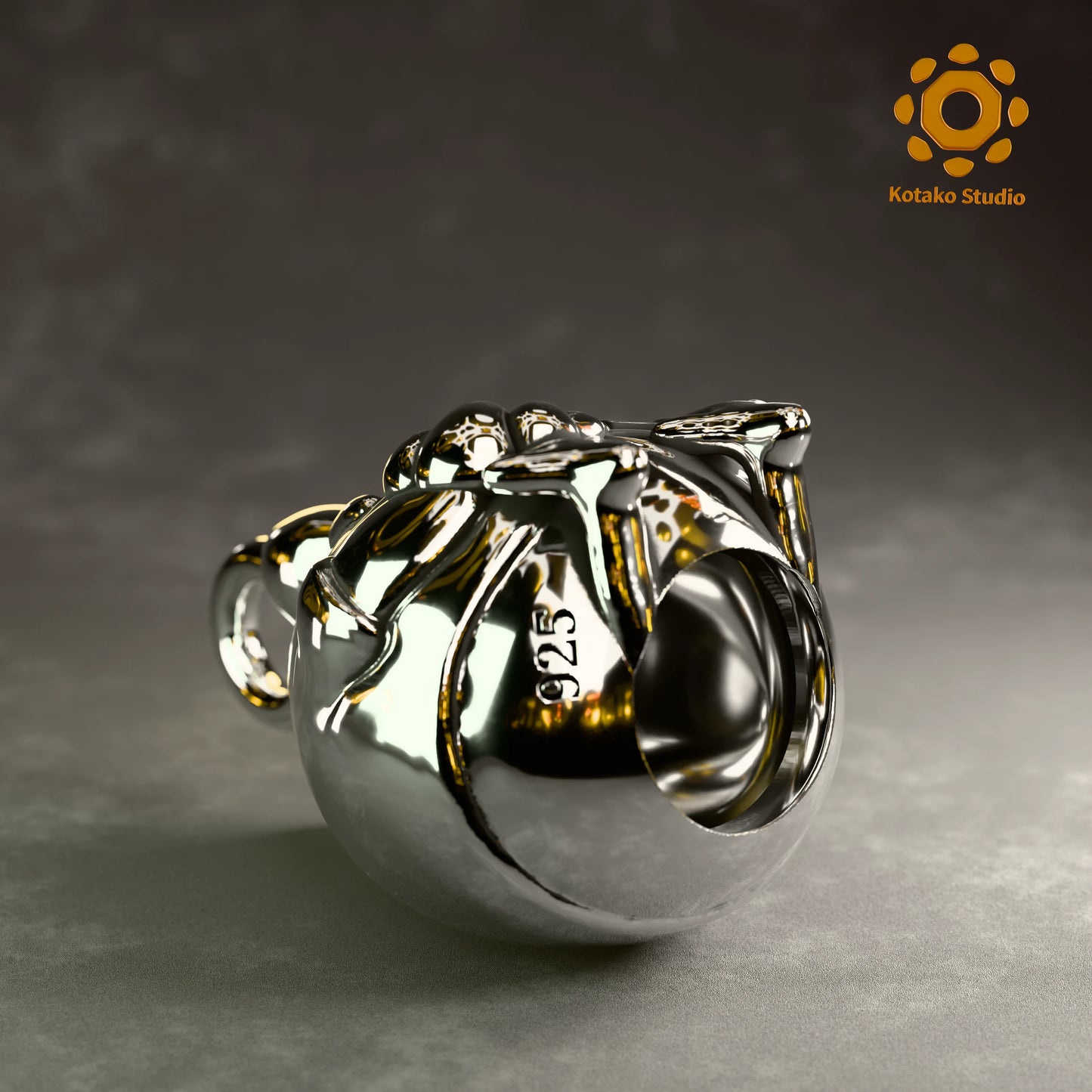 Polished sterling silver KFP Chicken pendant holding a quaso, inspired by Hololive's Takanashi Kiara. Laying on it's back showing the hole on it's bottom.