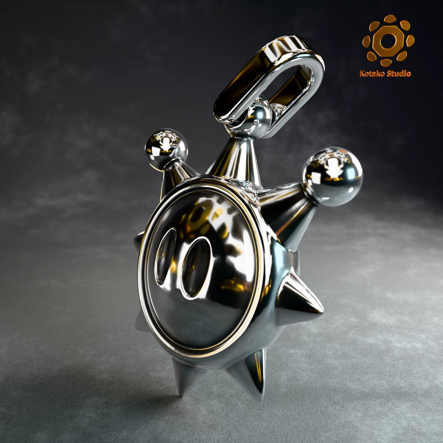 Sterling silver Super Mario Sunshine Shine Sprite pendant, angled front view.