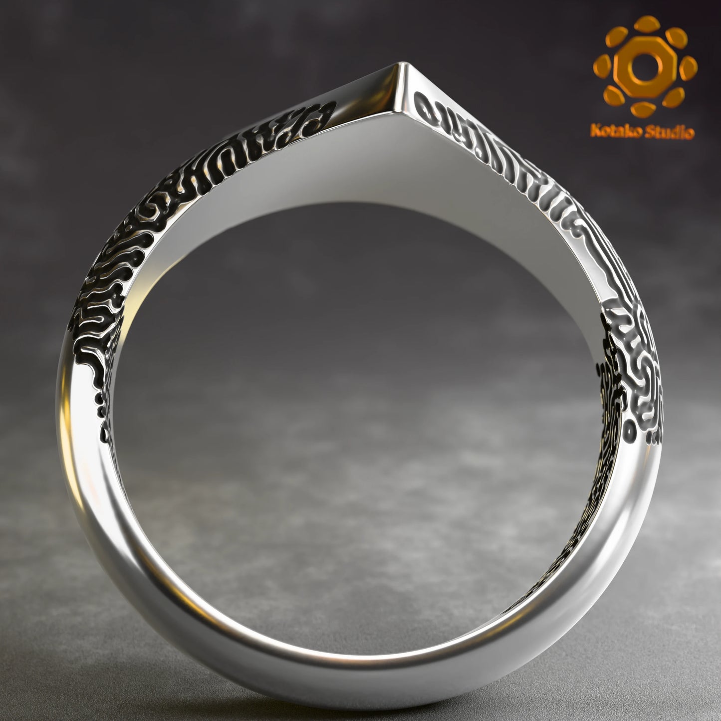 Sterling silver Zelda Triforce ring with an Ancient Shrine pattern inspired by Breath of the Wild. back view.