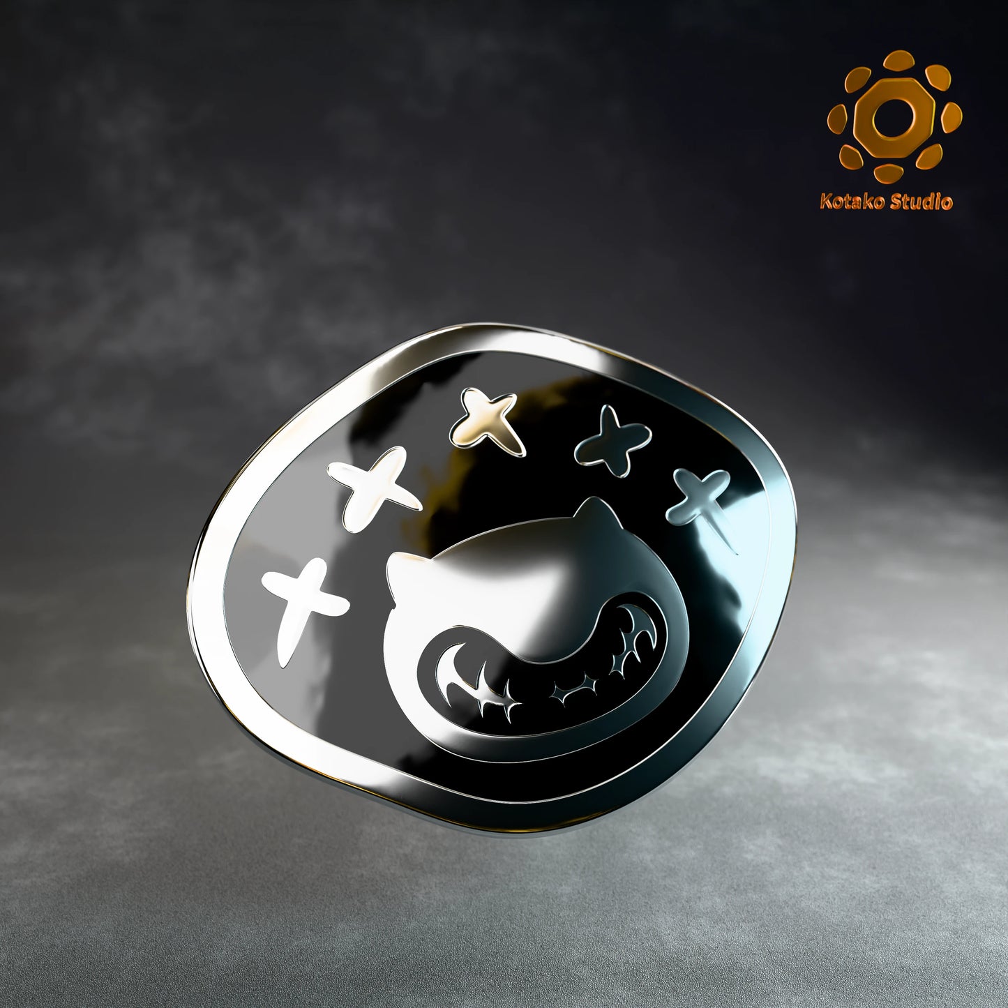 Front view of the Hololive Advent sterling silver pin with black vitreous enamel.