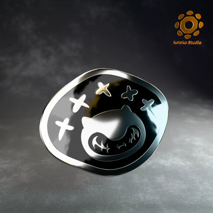 Front view of the Hololive Advent sterling silver pin with black vitreous enamel.