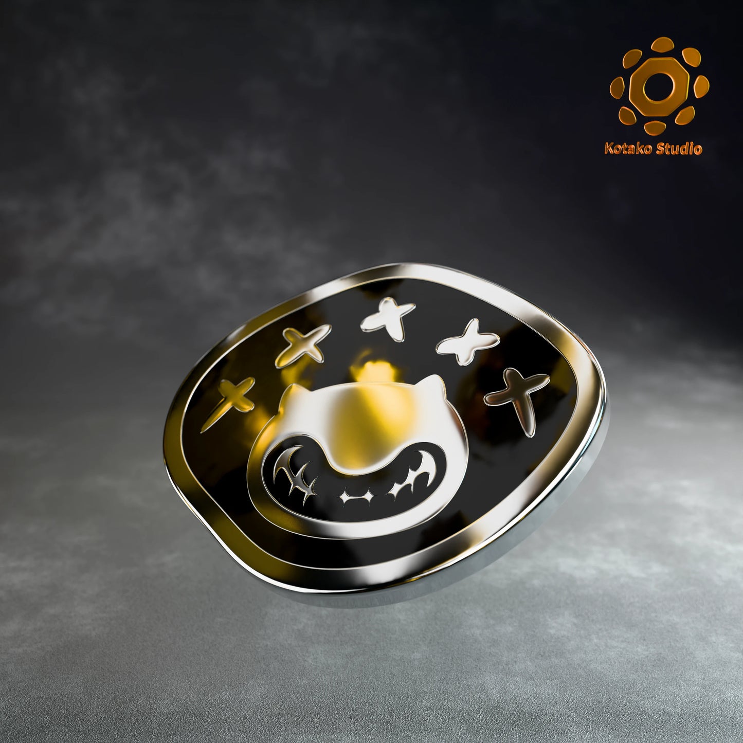 Front view of the Hololive Advent sterling silver pin with black vitreous enamel.