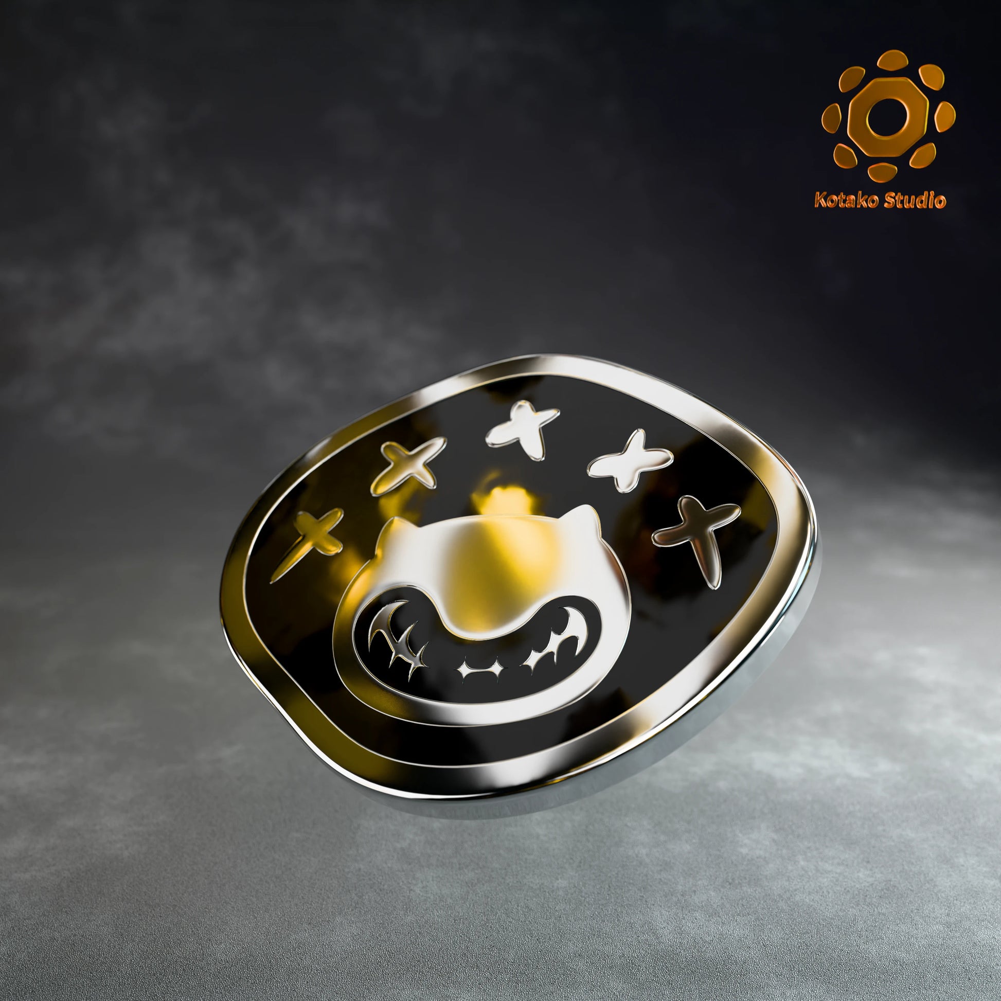 Front view of the Hololive Advent sterling silver pin with black vitreous enamel.