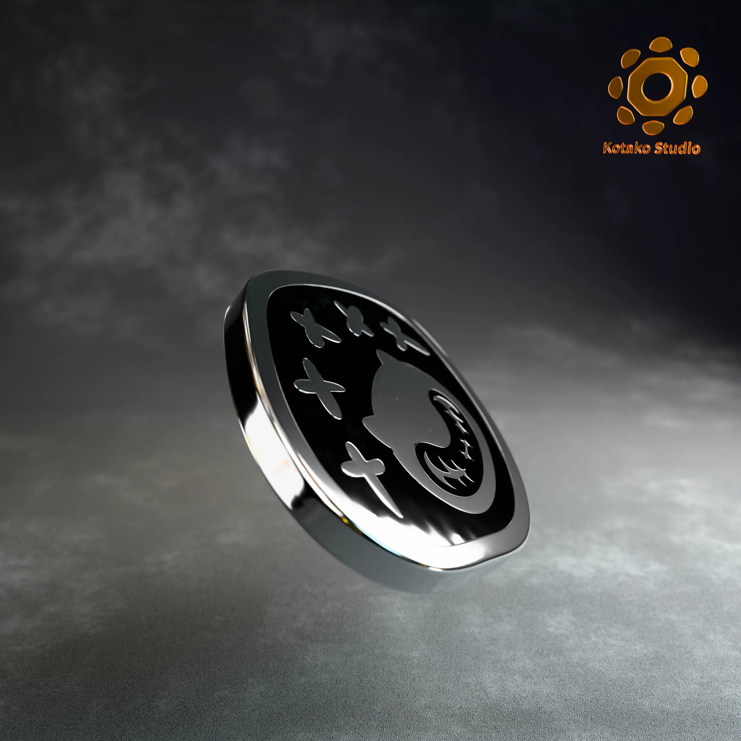Side view of the Hololive Advent sterling silver pin with black vitreous enamel.