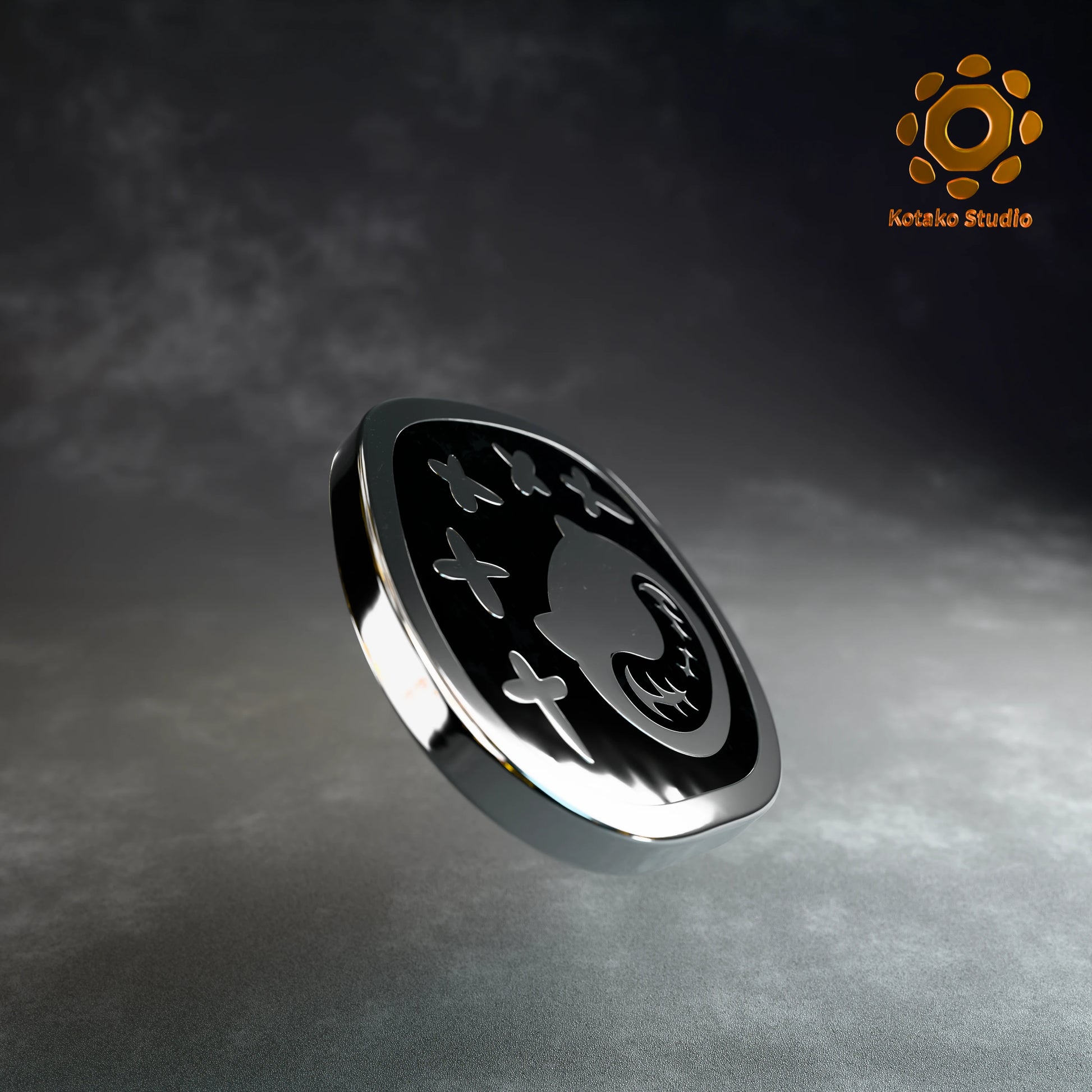 Side view of the Hololive Advent sterling silver pin with black vitreous enamel.