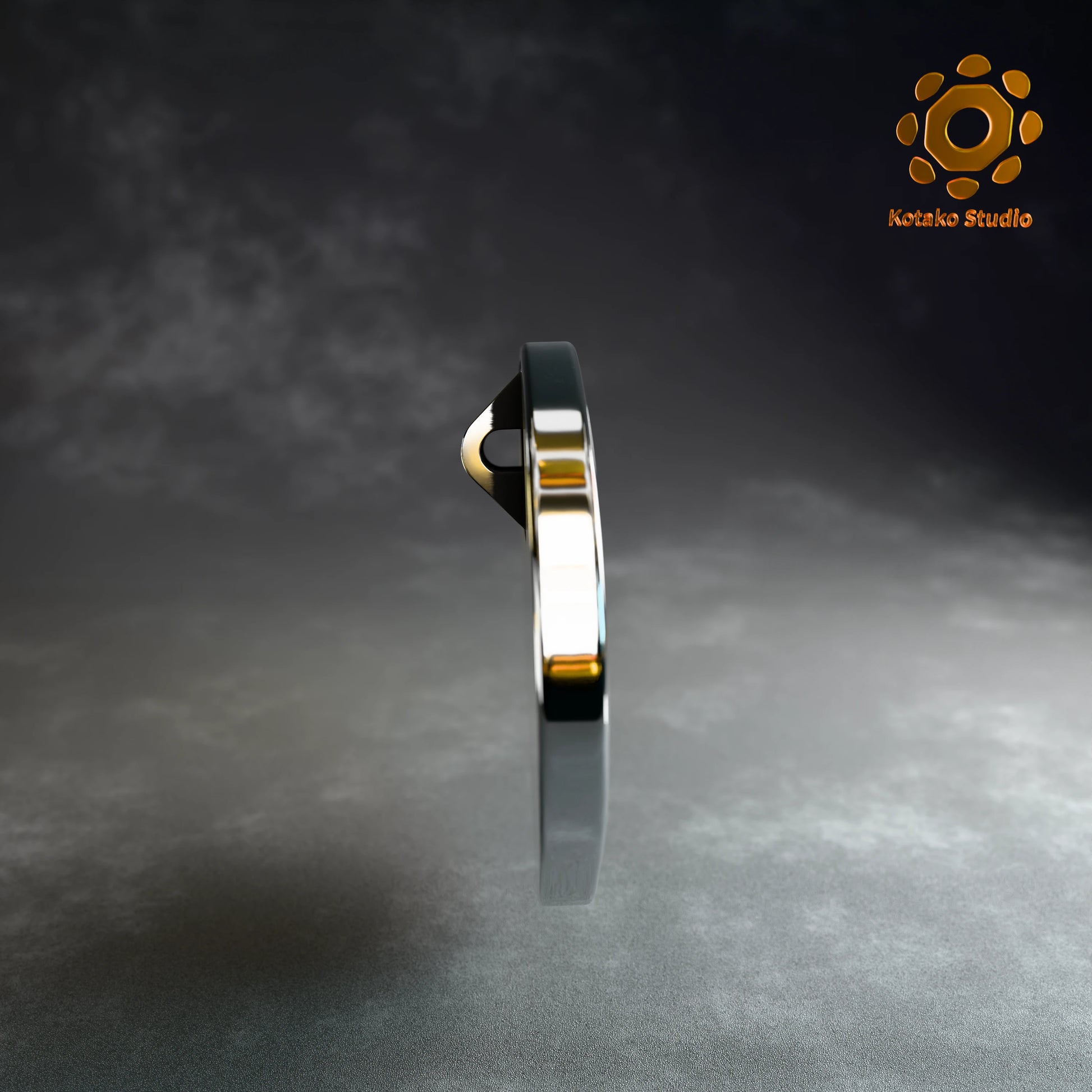 Side view of the Hololive Advent sterling silver pin with black vitreous enamel.