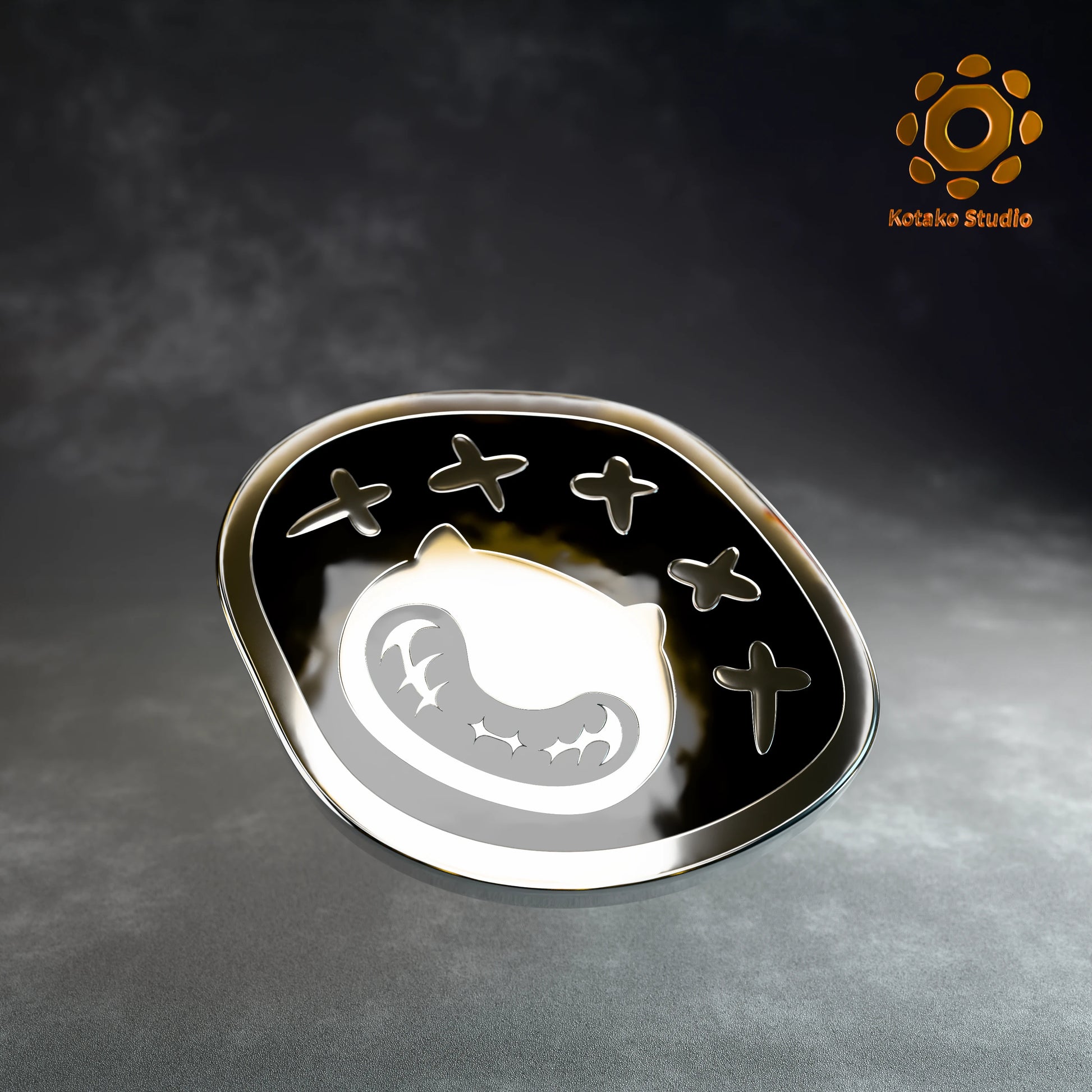 Front view of the Hololive Advent sterling silver pin with black vitreous enamel.