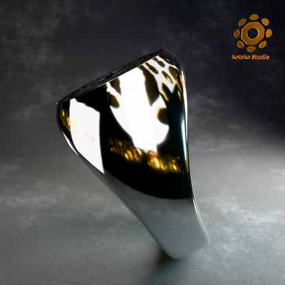 Polished sterling silver Kiryu Kai signet ring, inspired by Hololive's Kiryu Coco. Side view.