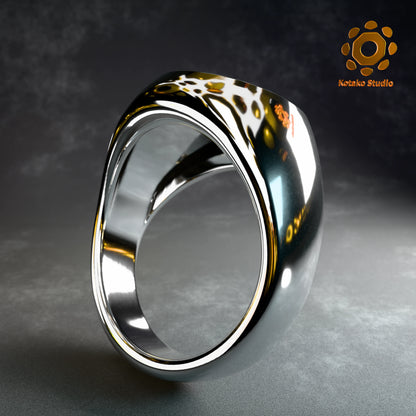 Polished sterling silver Kiryu Kai signet ring, inspired by Hololive's Kiryu Coco. Angled back view.