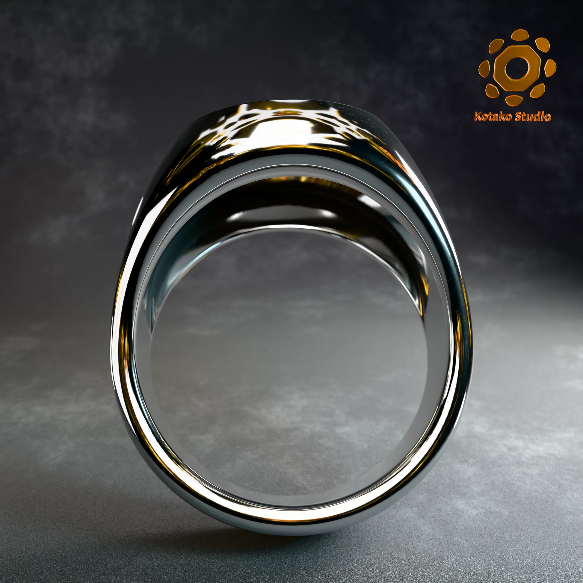 Polished sterling silver Kiryu Kai signet ring, inspired by Hololive's Kiryu Coco. Back view.