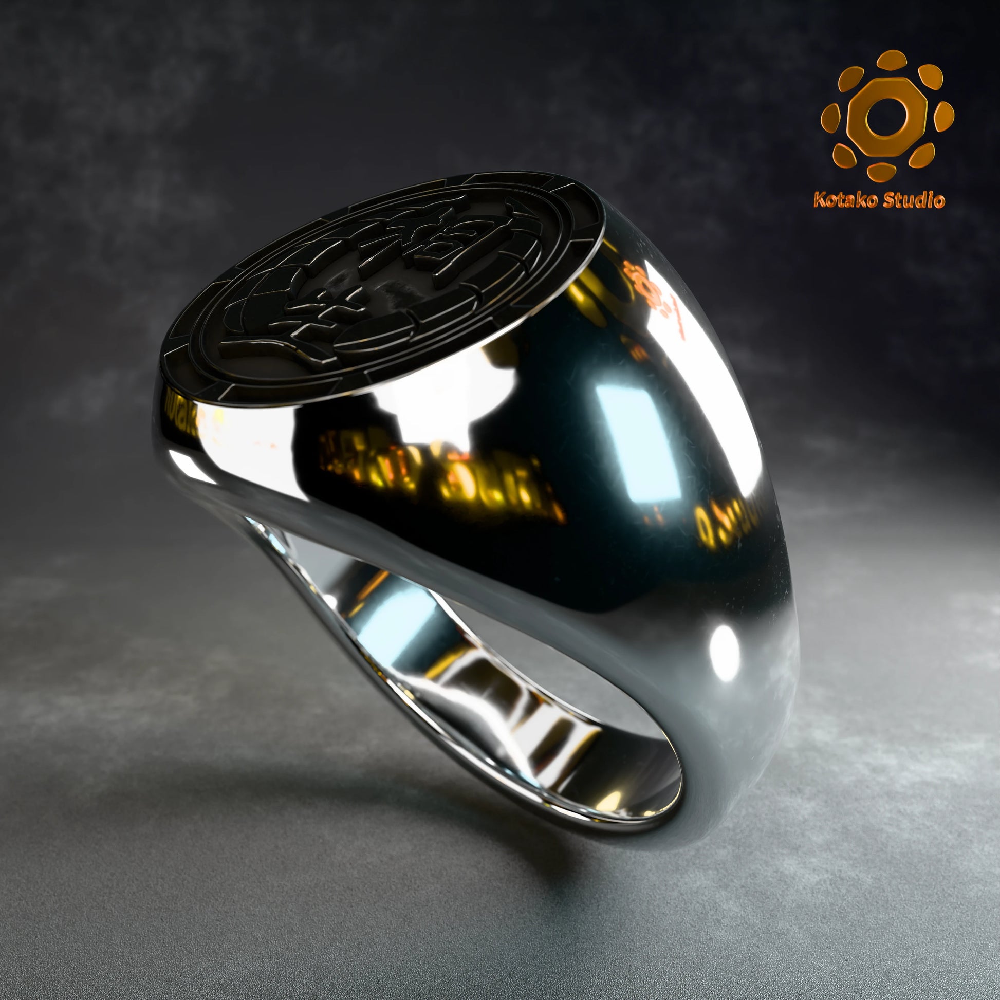 Polished sterling silver Kiryu Kai signet ring, inspired by Hololive's Kiryu Coco. Angled front view.