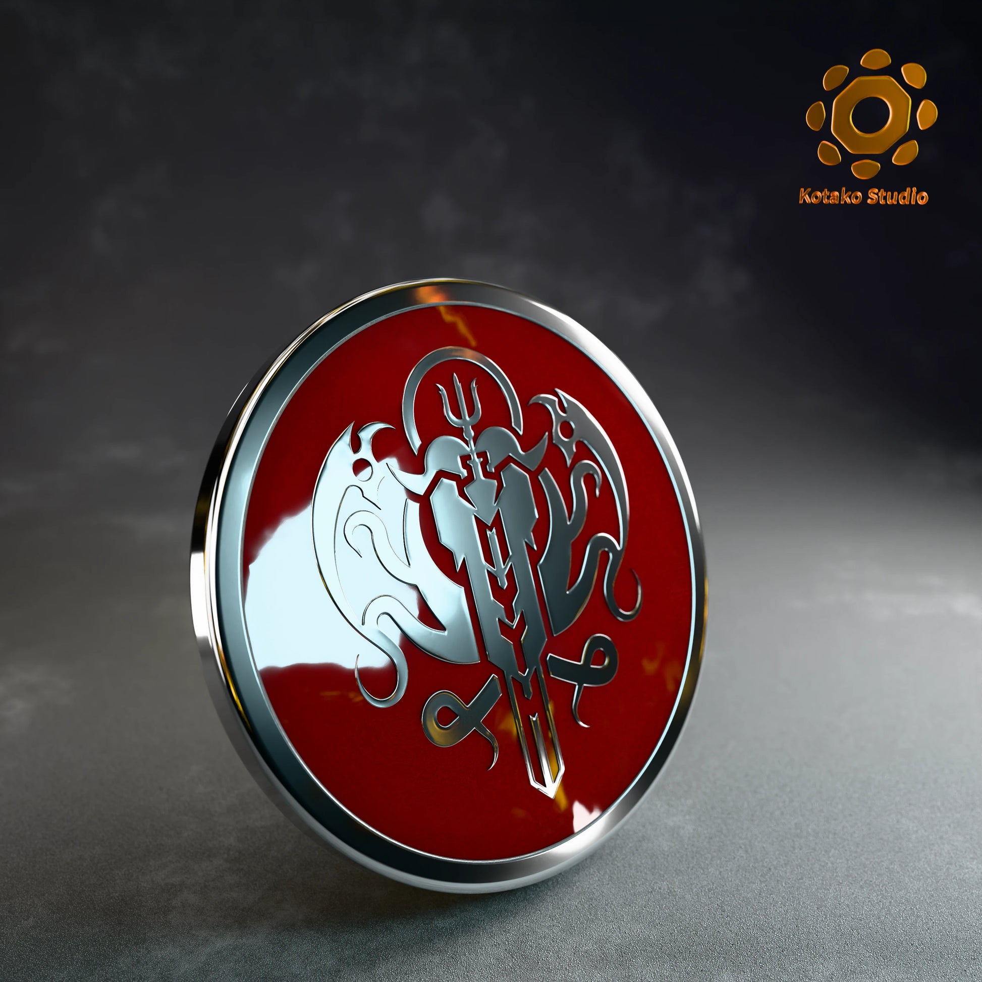 Angled front view of the Hololive Myth sterling silver pin with red vitreous enamel.