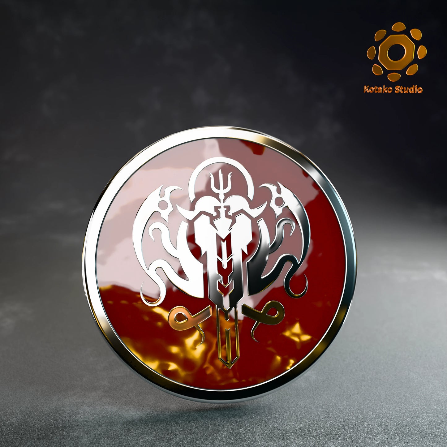 Front view of the Hololive Myth sterling silver pin with red vitreous enamel.