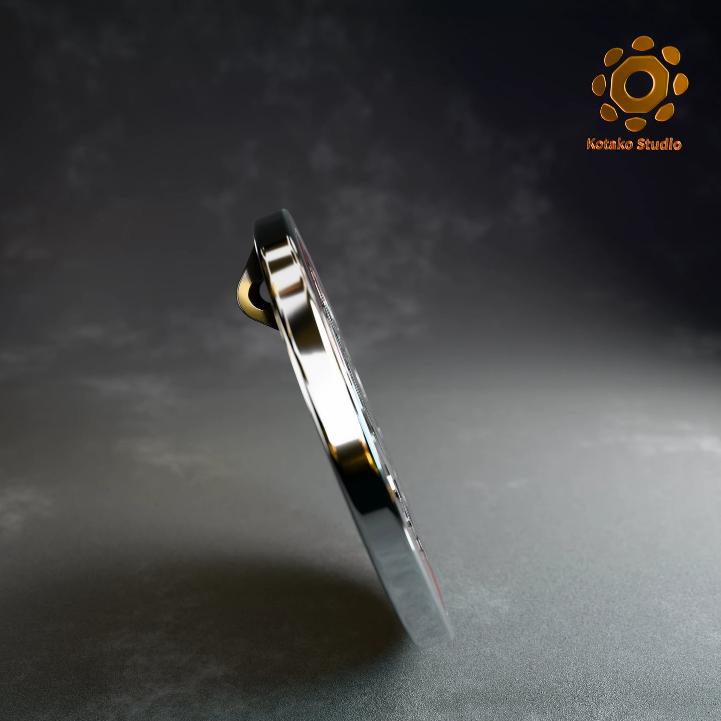 Angled side view of the Hololive Myth sterling silver and red vitreous enamel pin, showing its thickness.