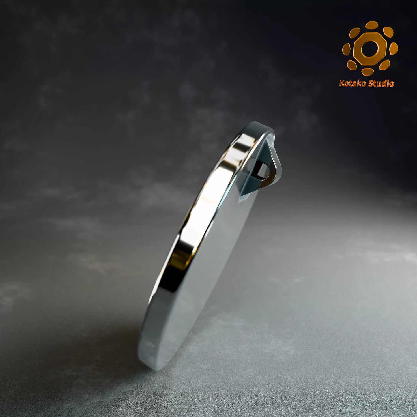 Side view of the Hololive Myth sterling silver pin with red vitreous enamel showing it's sturdy loop.