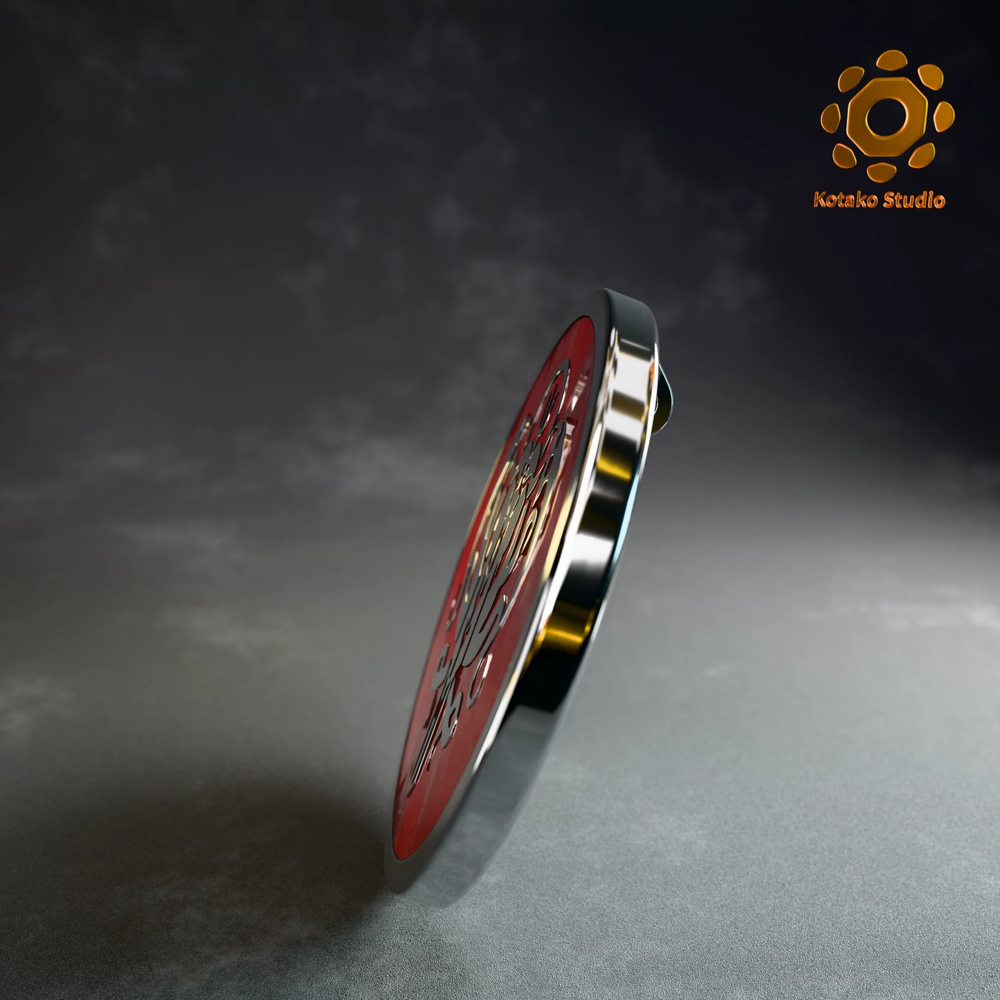 Side view of the Hololive Myth sterling silver pin with red vitreous enamel.