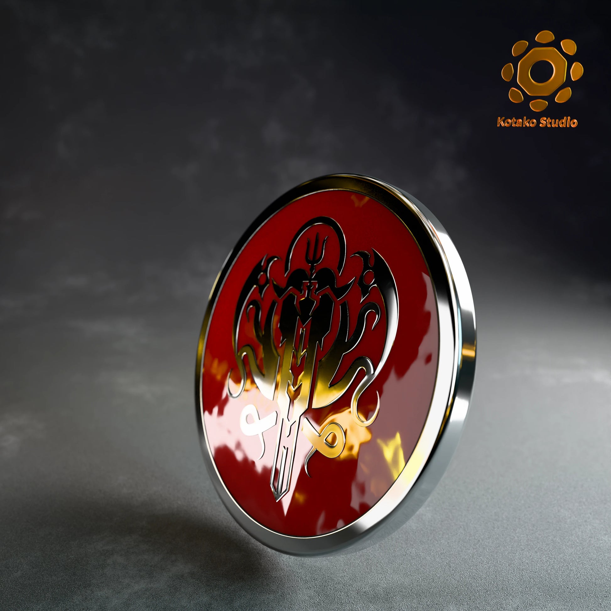 Angled front view of the Hololive Myth sterling silver pin with red vitreous enamel.