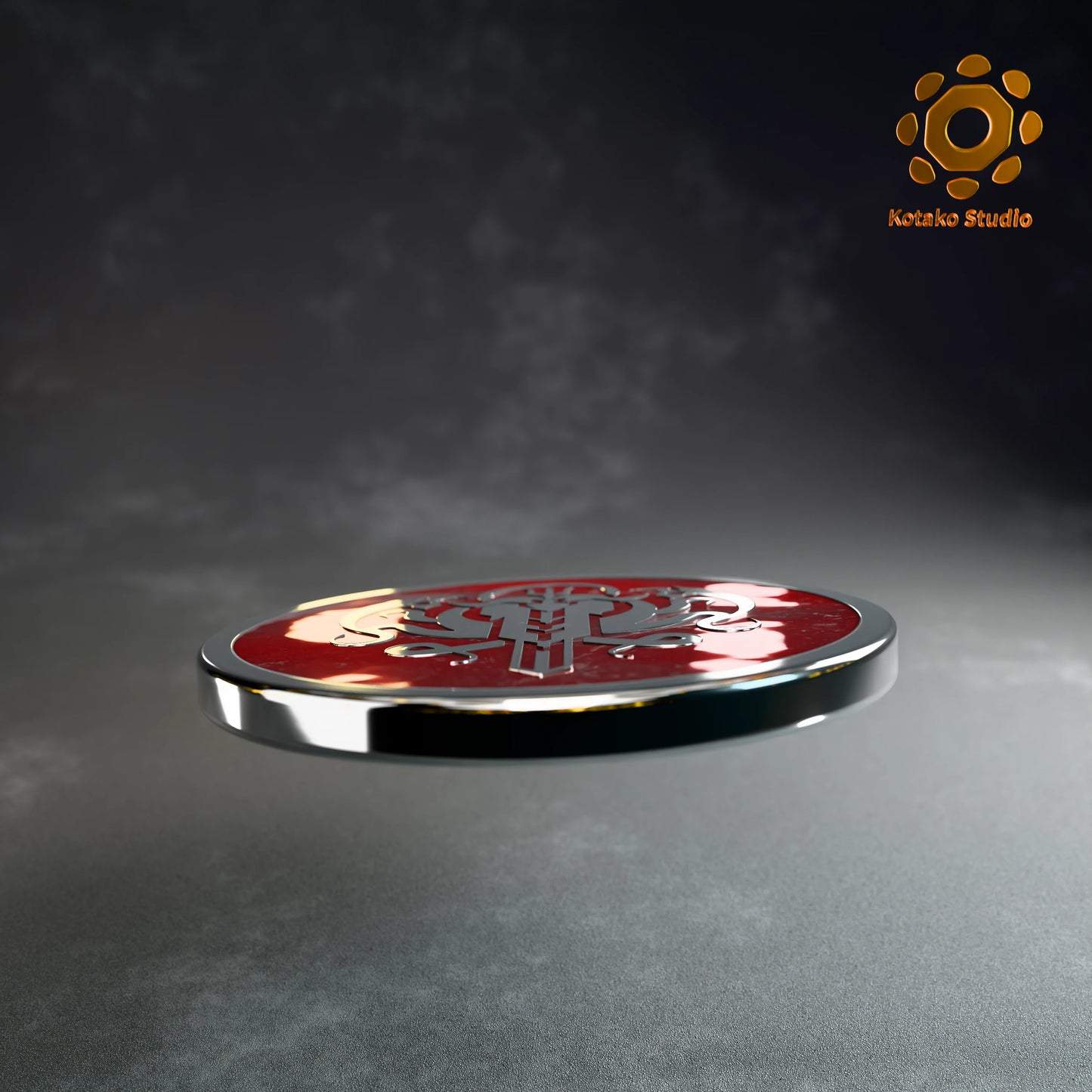 Side view of the Hololive Myth sterling silver pin with red vitreous enamel.