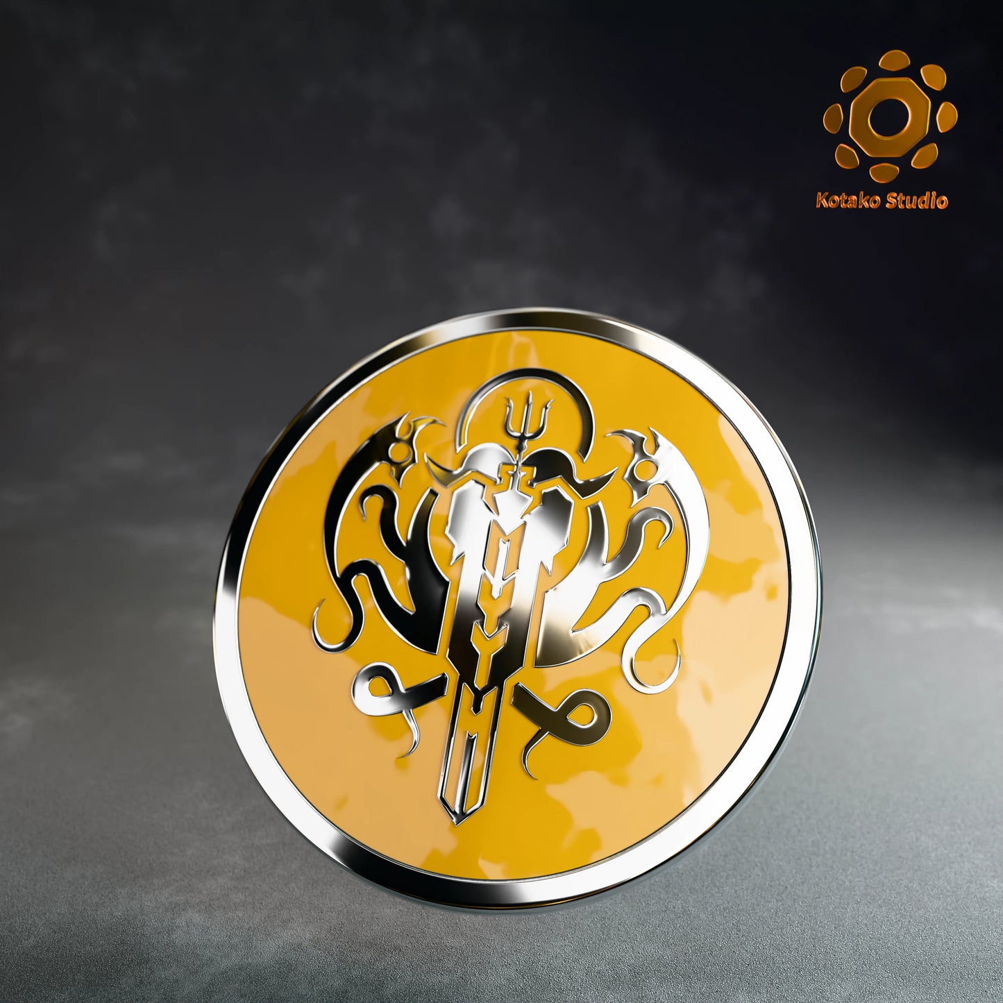 Front view of the Hololive Myth sterling silver pin with yellow vitreous enamel.