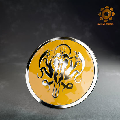 Front view of the Hololive Myth sterling silver pin with yellow vitreous enamel.