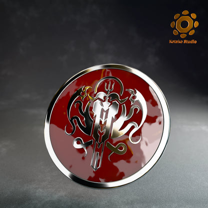 Front view of the Hololive Myth sterling silver pin with red vitreous enamel.
