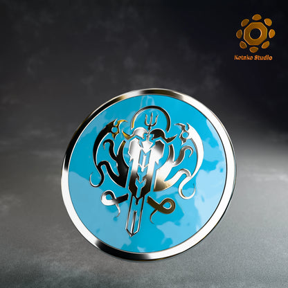 Front view of the Hololive Myth sterling silver pin with light blue vitreous enamel.