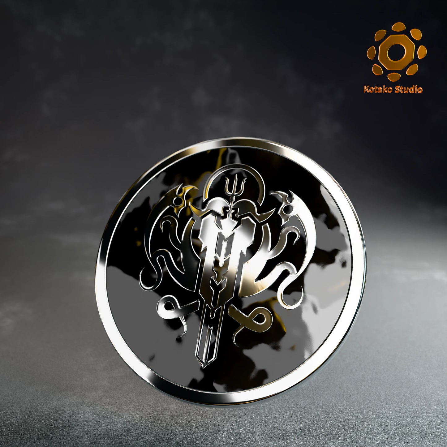 Front view of the Hololive Myth sterling silver pin with black vitreous enamel.