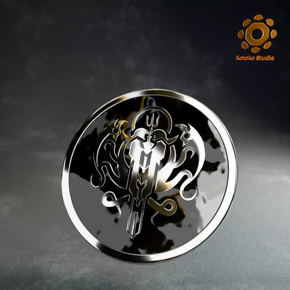 Front view of the Hololive Myth sterling silver pin with black vitreous enamel.