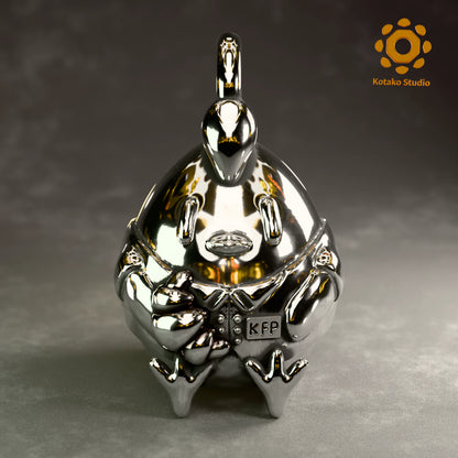 Polished sterling silver KFP Chicken pendant holding a quaso, inspired by Hololive's Takanashi Kiara. Front view.