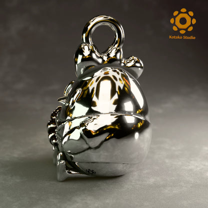 Polished sterling silver KFP Chicken pendant holding a quaso, inspired by Hololive's Takanashi Kiara. Side view.