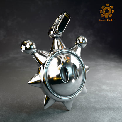Sterling silver Super Mario Sunshine Shine Sprite pendant, angled front view.