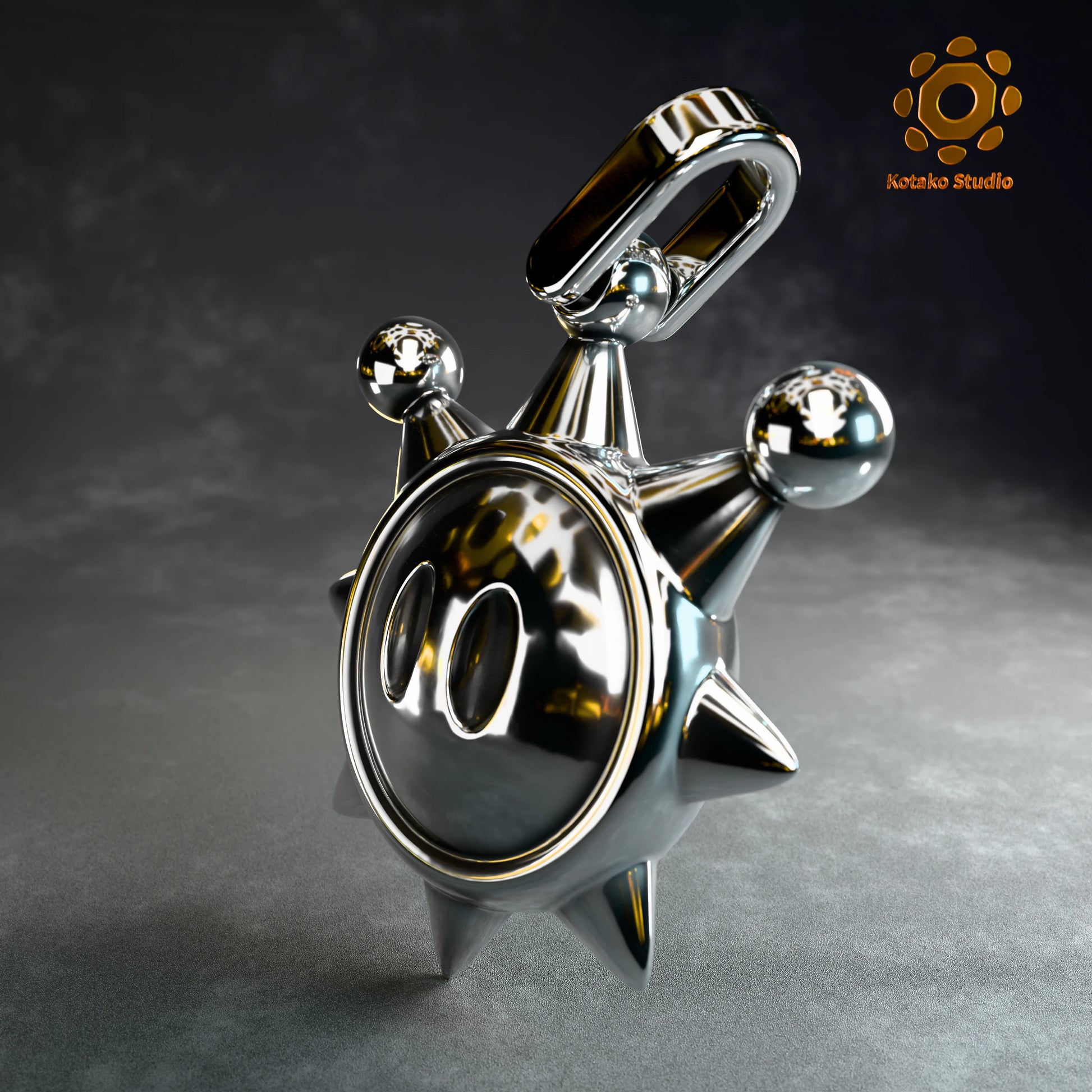 Sterling silver Super Mario Sunshine Shine Sprite pendant, angled front view.