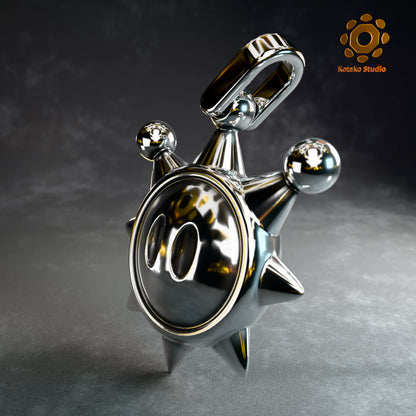 Sterling silver Super Mario Sunshine Shine Sprite pendant, angled front view.